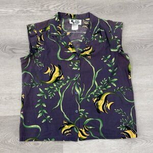 Vintage Hilo Hattie Hawaii Tropical Fish Shirt XL Purple Sleeveless Button-Up